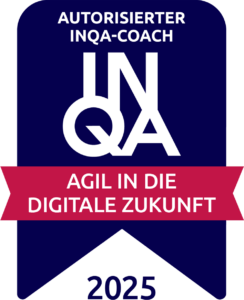 Banner mit Text „Autorisierter INQA-Coach“ und „Agil in die digitale Zukunft“ auf blauem und rotem Hintergrund.